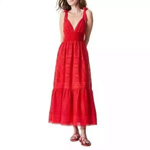 Alice + Olivia Levine Maxi Dress Womens Size 4 Red Linen-Blend Broderie Anglaise
